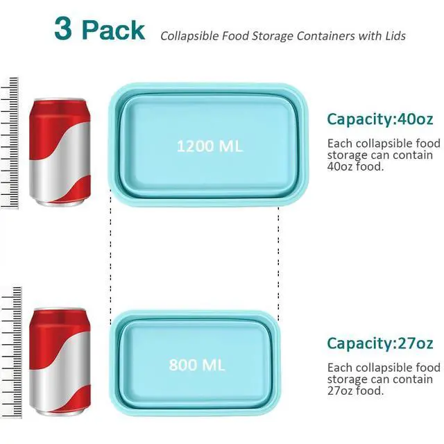 Alt view image 5 of 7 - 40.5oz Silicone Collapsible Food Storage Containers with Lids, 3 Pack Set 1200ml Folding Large Meal Prep Lunch Containers, Microwave, Freezer and Dishwasher Safe