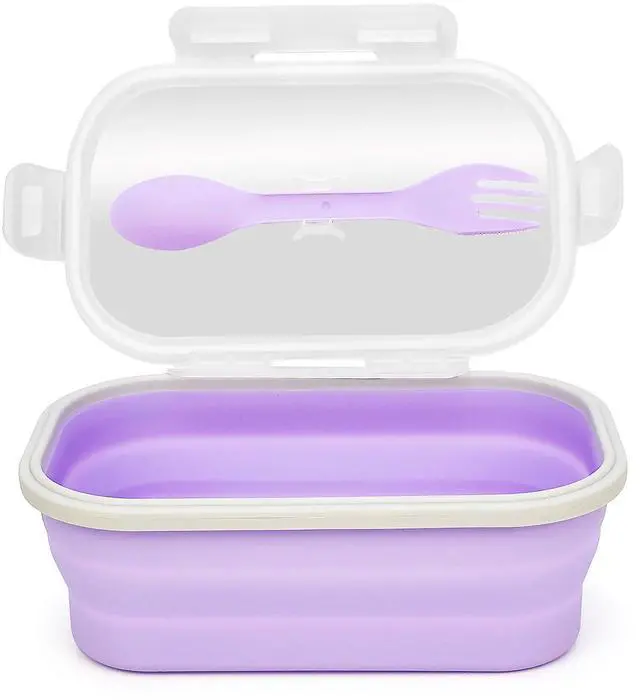 Main image of Collapsible Silicone Lunch Box with Lid and Spork, Leakproof Foldable Bento Box for Meal Prep, Travel, Camping, Microwave and Dishwasher Safe, 8.1 x 5.1 x 2.8 inches, Purple