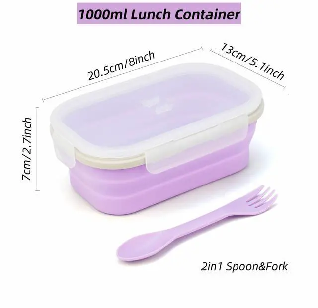 Alt view image 2 of 7 - Collapsible Silicone Lunch Box with Lid and Spork, Leakproof Foldable Bento Box for Meal Prep, Travel, Camping, Microwave and Dishwasher Safe, 8.1 x 5.1 x 2.8 inches, Purple