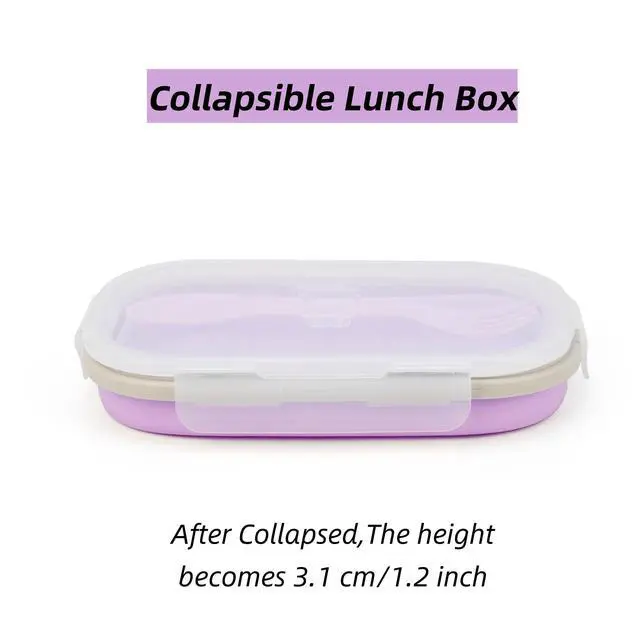 Alt view image 3 of 7 - Collapsible Silicone Lunch Box with Lid and Spork, Leakproof Foldable Bento Box for Meal Prep, Travel, Camping, Microwave and Dishwasher Safe, 8.1 x 5.1 x 2.8 inches, Purple