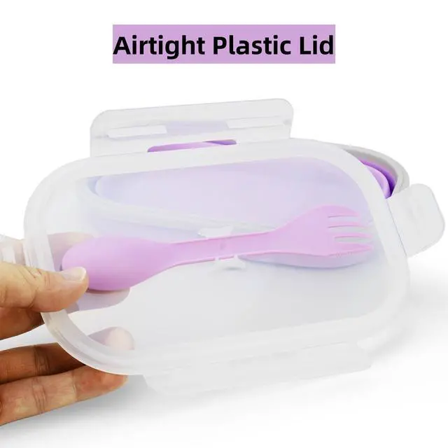 Alt view image 4 of 7 - Collapsible Silicone Lunch Box with Lid and Spork, Leakproof Foldable Bento Box for Meal Prep, Travel, Camping, Microwave and Dishwasher Safe, 8.1 x 5.1 x 2.8 inches, Purple