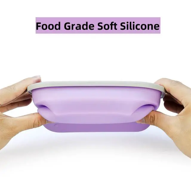 Alt view image 5 of 7 - Collapsible Silicone Lunch Box with Lid and Spork, Leakproof Foldable Bento Box for Meal Prep, Travel, Camping, Microwave and Dishwasher Safe, 8.1 x 5.1 x 2.8 inches, Purple