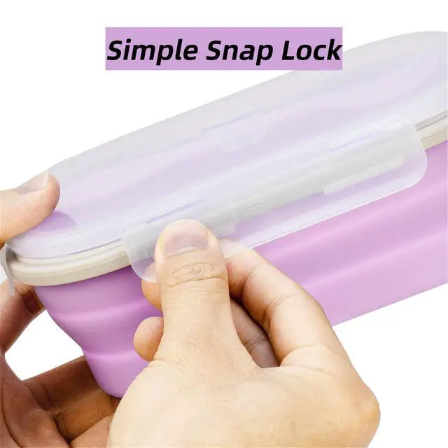 Alt view image 6 of 7 - Collapsible Silicone Lunch Box with Lid and Spork, Leakproof Foldable Bento Box for Meal Prep, Travel, Camping, Microwave and Dishwasher Safe, 8.1 x 5.1 x 2.8 inches, Purple