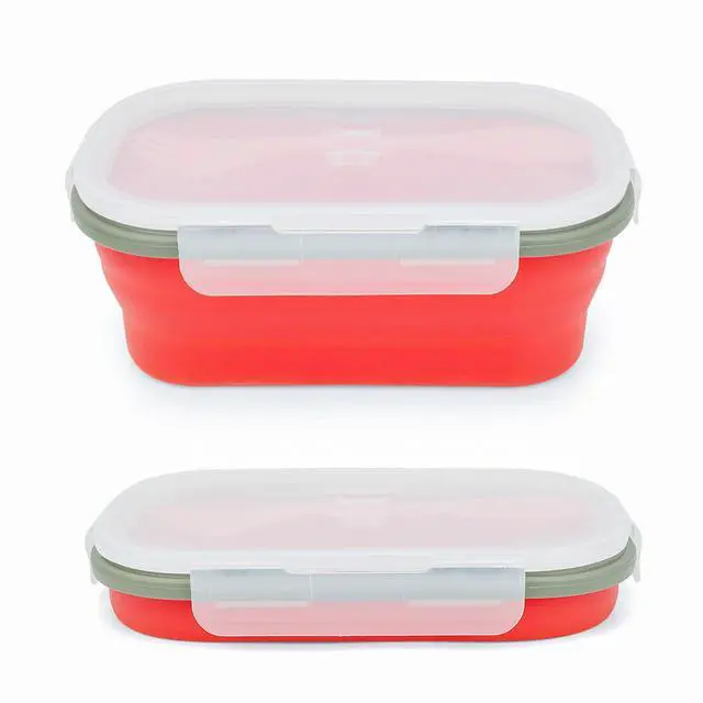 Main image of 1000ml Collapsible Bento Lunch Box - Silicone Food Storage Container, Foldable Food Container with 2-in-1 Spoon Spork and Airtight Lid, Microwave Safe, Red