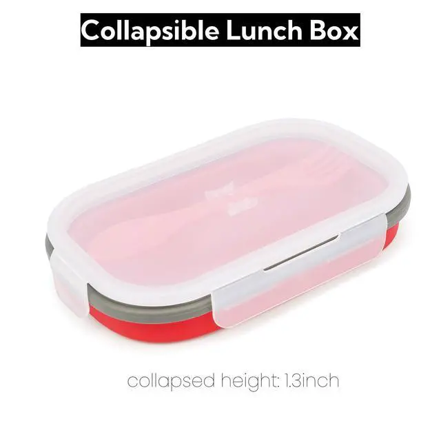 Alt view image 3 of 7 - 1000ml Collapsible Bento Lunch Box - Silicone Food Storage Container, Foldable Food Container with 2-in-1 Spoon Spork and Airtight Lid, Microwave Safe, Red