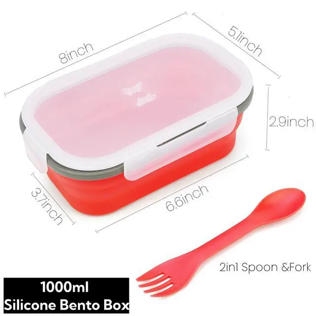 Alt view image 2 of 7 - 1000ml Collapsible Bento Lunch Box - Silicone Food Storage Container, Foldable Food Container with 2-in-1 Spoon Spork and Airtight Lid, Microwave Safe, Red