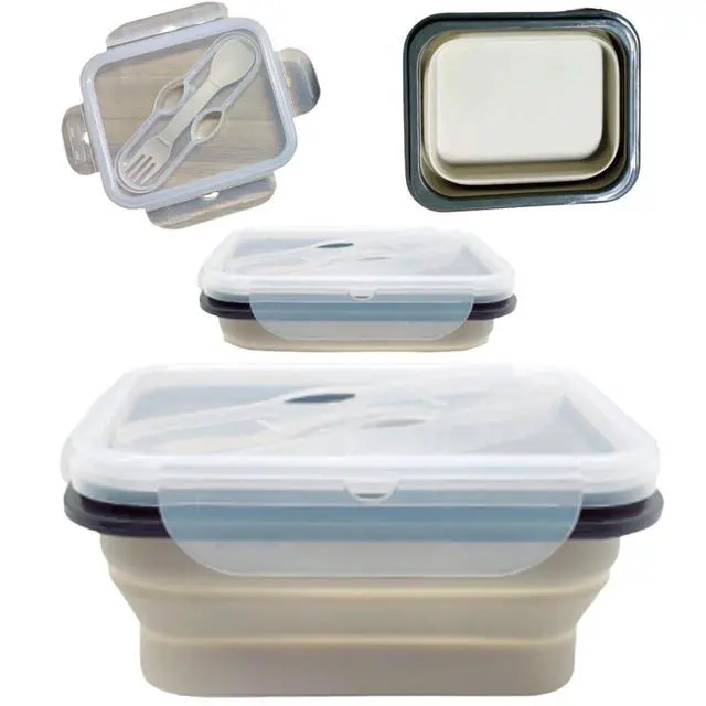 Alt view image 2 of 7 - - Reusable Foldable Take Out Lunch Bento Box Microwave & Dishwasher Safe BPA Free Non Toxic Non Stick - Beige