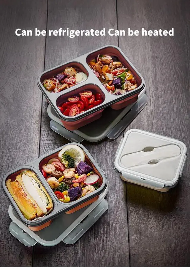 Alt view image 3 of 7 - - Reusable Foldable Take Out Lunch Bento Box Microwave & Dishwasher Safe BPA Free Non Toxic Non Stick - Beige