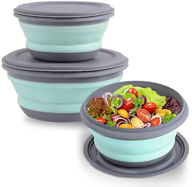 Main image of Collapsible Bowls, 3pcs Food Grade Silicone Camping Bowl Salad Bowl with lids, Portable Expandable Lunch Box Food Storage Container for Camping Travel and Picnic,Blue