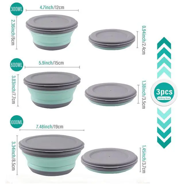 Alt view image 2 of 7 - Collapsible Bowls, 3pcs Food Grade Silicone Camping Bowl Salad Bowl with lids, Portable Expandable Lunch Box Food Storage Container for Camping Travel and Picnic,Blue