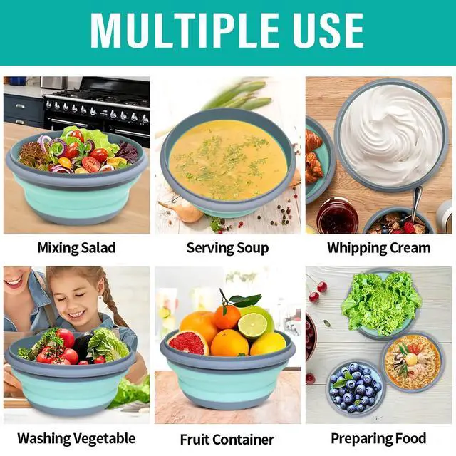 Alt view image 6 of 7 - Collapsible Bowls, 3pcs Food Grade Silicone Camping Bowl Salad Bowl with lids, Portable Expandable Lunch Box Food Storage Container for Camping Travel and Picnic,Blue