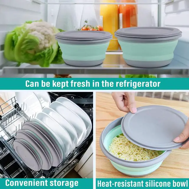 Alt view image 7 of 7 - Collapsible Bowls, 3pcs Food Grade Silicone Camping Bowl Salad Bowl with lids, Portable Expandable Lunch Box Food Storage Container for Camping Travel and Picnic,Blue