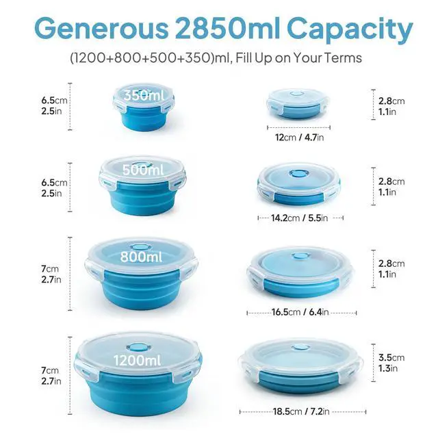 Alt view image 4 of 7 - Collapsible Silicone Food Storage Containers with Lids, Set of 4 Sizes (12/17/27/40oz), Leakproof Collapsible Lunch Box, Microwave Freezer Dishwasher Safe, Space Saving for Camping RV Travel