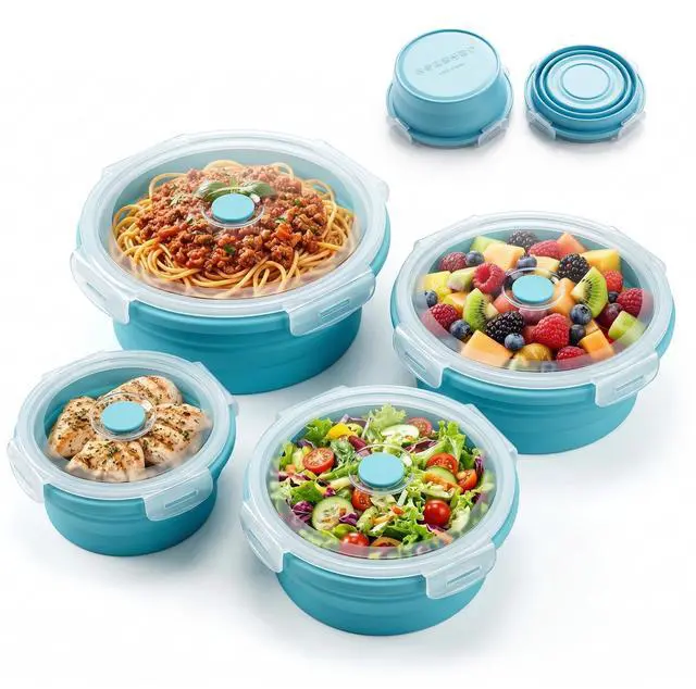 Main image of Collapsible Silicone Food Storage Containers with Lids, Set of 4 Sizes (12/17/27/40oz), Leakproof Collapsible Lunch Box, Microwave Freezer Dishwasher Safe, Space Saving for Camping RV Travel