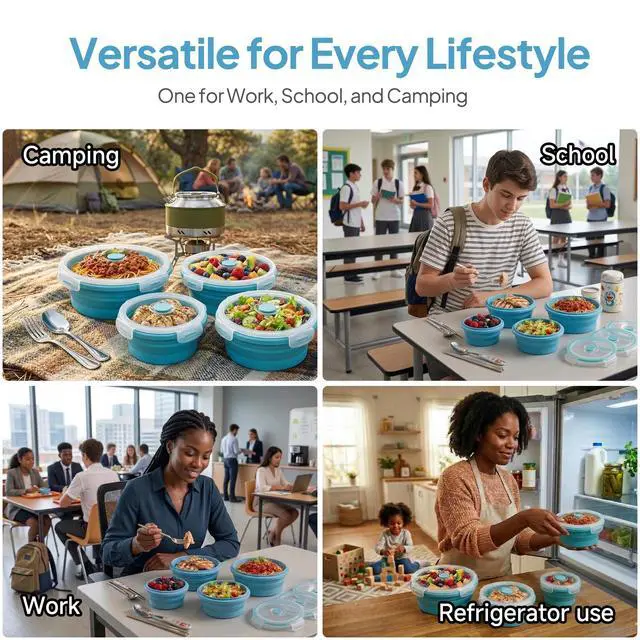 Alt view image 2 of 7 - Collapsible Silicone Food Storage Containers with Lids, Set of 4 Sizes (12/17/27/40oz), Leakproof Collapsible Lunch Box, Microwave Freezer Dishwasher Safe, Space Saving for Camping RV Travel