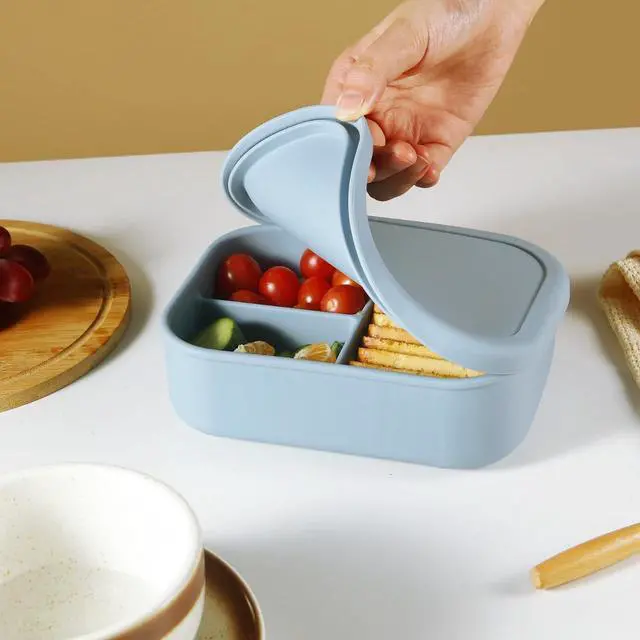 Alt view image 3 of 7 - 3-Compartment Silicone Bento Box - BPA-Free Food-Grade Meal Prep Container - Durable & Easy-Open Portable Lunch Box for Work, Travel & Picnic, Blue