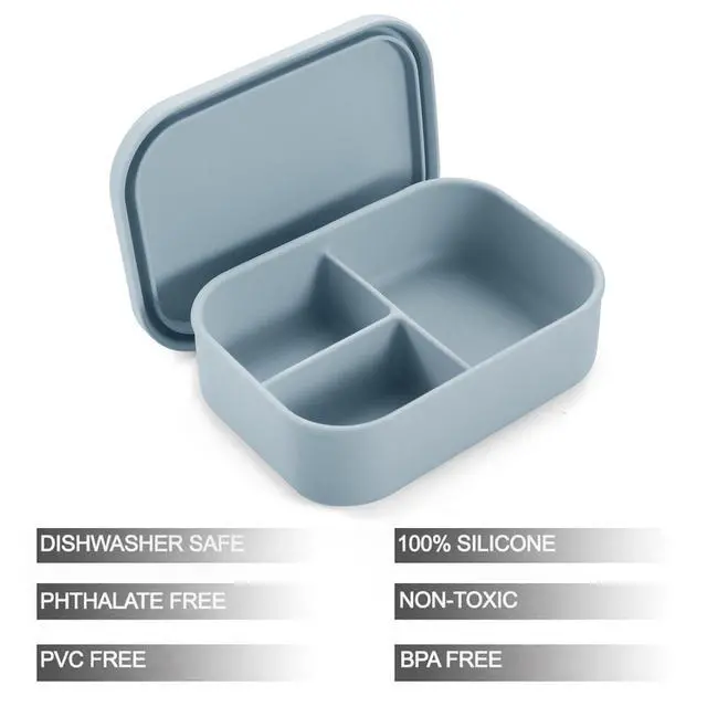 Alt view image 4 of 7 - 3-Compartment Silicone Bento Box - BPA-Free Food-Grade Meal Prep Container - Durable & Easy-Open Portable Lunch Box for Work, Travel & Picnic, Blue