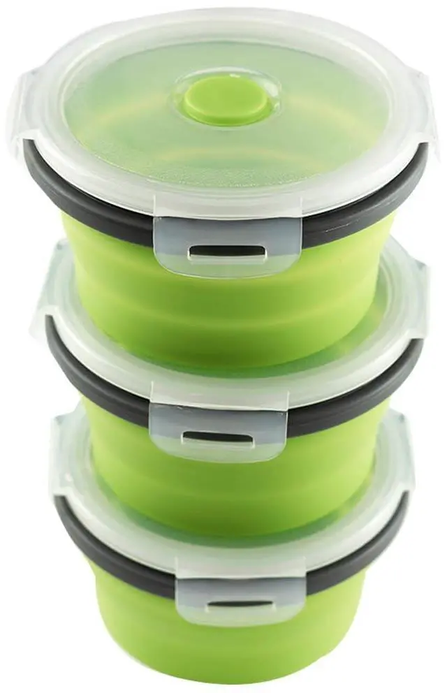 Main image of Round Silicone Rice Box, Microwave-Safe, Foldable And Portable Lunch Box, Plastic Bowl, Green, 350ml, 3 pieces