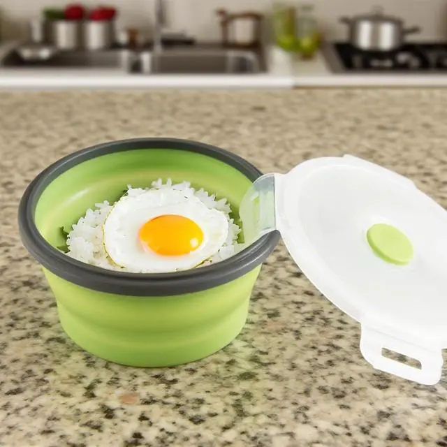 Alt view image 2 of 5 - Round Silicone Rice Box, Microwave-Safe, Foldable And Portable Lunch Box, Plastic Bowl, Green, 350ml, 3 pieces