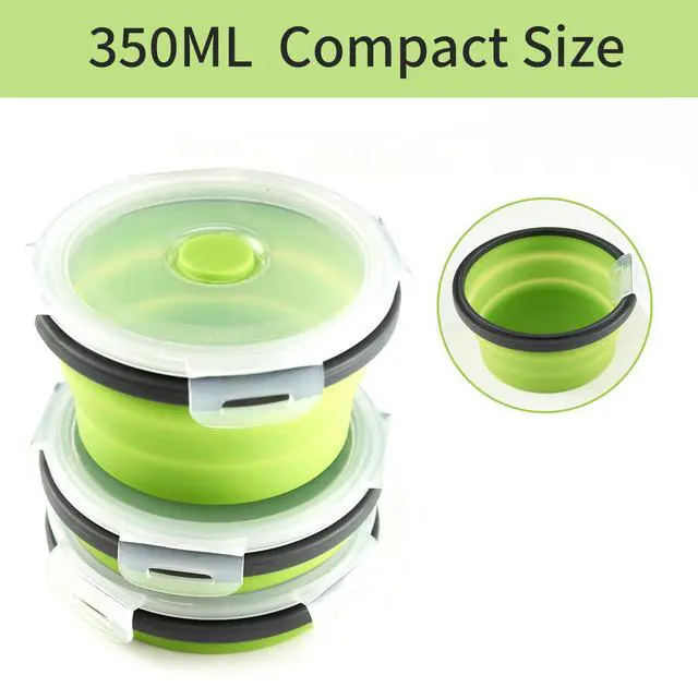 Alt view image 4 of 5 - Round Silicone Rice Box, Microwave-Safe, Foldable And Portable Lunch Box, Plastic Bowl, Green, 350ml, 3 pieces