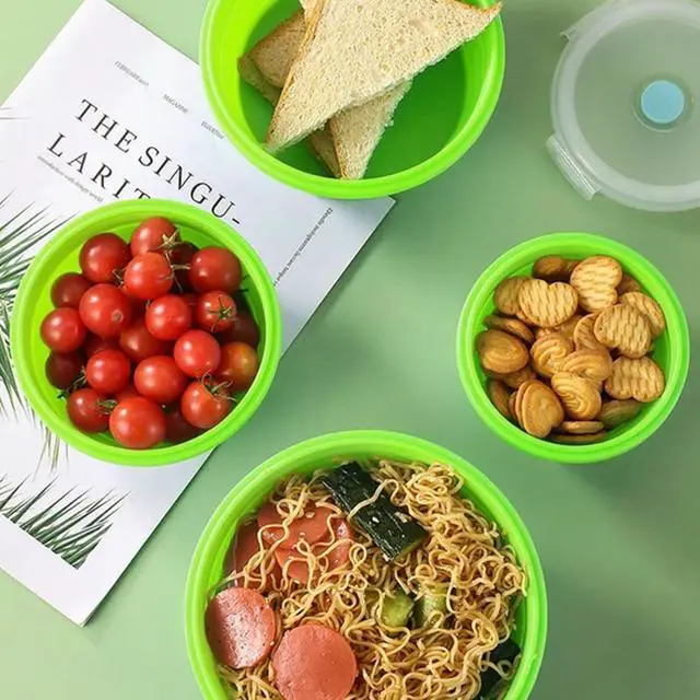 Alt view image 5 of 5 - Round Silicone Rice Box, Microwave-Safe, Foldable And Portable Lunch Box, Plastic Bowl, Green, 350ml, 3 pieces