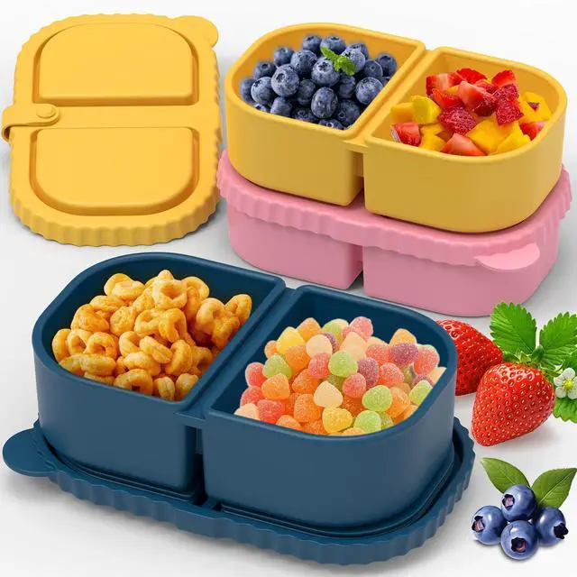 Main image of 3 Pack Reusable Silicone Snack Containers with Lids, 2 Compartment Leakproof Food Storage Containers, BPA-Free Portable Snack Boxes for Lunch, School, Adults