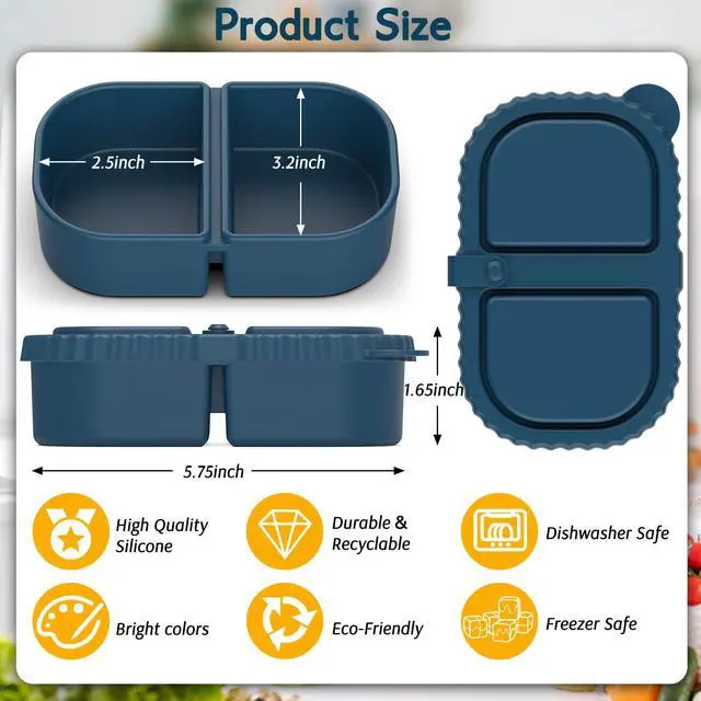 Alt view image 3 of 6 - 3 Pack Reusable Silicone Snack Containers with Lids, 2 Compartment Leakproof Food Storage Containers, BPA-Free Portable Snack Boxes for Lunch, School, Adults