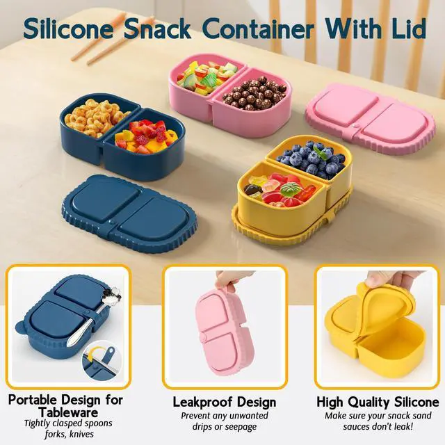 Alt view image 4 of 6 - 3 Pack Reusable Silicone Snack Containers with Lids, 2 Compartment Leakproof Food Storage Containers, BPA-Free Portable Snack Boxes for Lunch, School, Adults