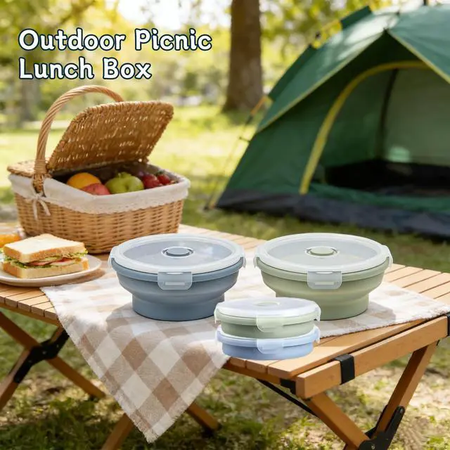 Alt view image 5 of 6 - Silicone Collapsible Food Storage Containers-Prep/Storage Bowls with Lids Set of 2 Round Silicone Lunch Containers Microwave and Freezer Food Containers (550ML,Green Blue)