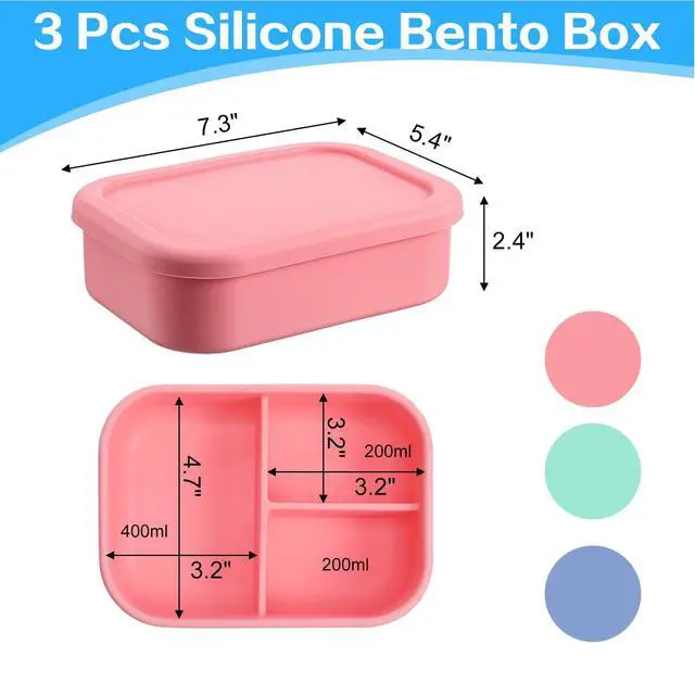 Alt view image 2 of 7 - 3 Pcs Silicone Bento Box for Adults, 27 Oz Reusable Bento Lunch Container with 3 Compartments, Leak Proof Silicone Lunch Box for Women Men, Microwave Dishwasher Freezer Safe (Multicolors)