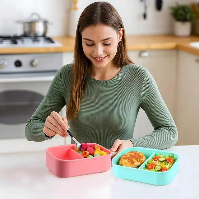 Alt view image 6 of 7 - 3 Pcs Silicone Bento Box for Adults, 27 Oz Reusable Bento Lunch Container with 3 Compartments, Leak Proof Silicone Lunch Box for Women Men, Microwave Dishwasher Freezer Safe (Multicolors)