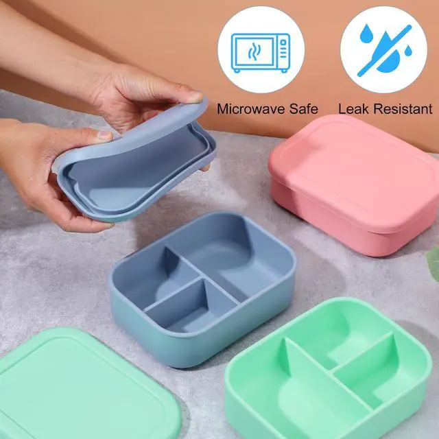 Alt view image 3 of 7 - 3 Pcs Silicone Bento Box for Adults, 27 Oz Reusable Bento Lunch Container with 3 Compartments, Leak Proof Silicone Lunch Box for Women Men, Microwave Dishwasher Freezer Safe (Multicolors)