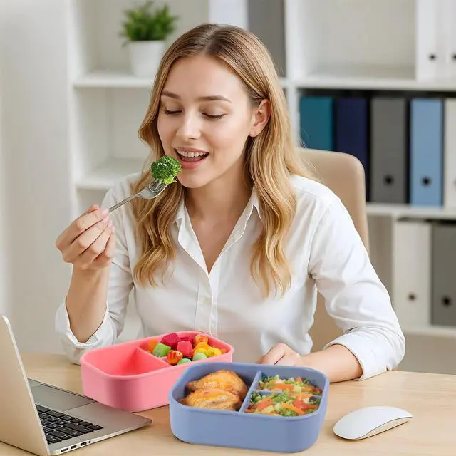 Alt view image 5 of 7 - 3 Pcs Silicone Bento Box for Adults, 27 Oz Reusable Bento Lunch Container with 3 Compartments, Leak Proof Silicone Lunch Box for Women Men, Microwave Dishwasher Freezer Safe (Multicolors)