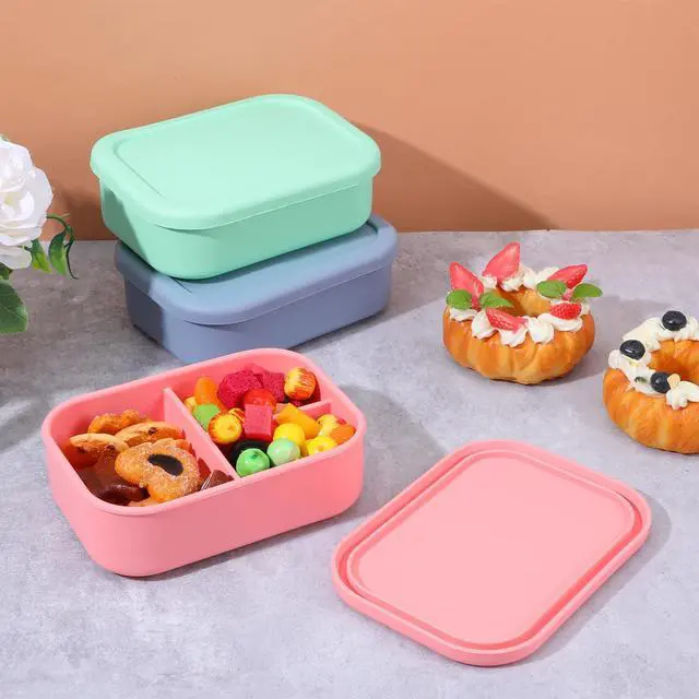Alt view image 4 of 7 - 3 Pcs Silicone Bento Box for Adults, 27 Oz Reusable Bento Lunch Container with 3 Compartments, Leak Proof Silicone Lunch Box for Women Men, Microwave Dishwasher Freezer Safe (Multicolors)