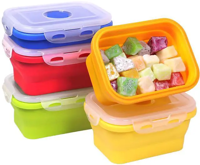 Main image of 5 Pack Collapsible Silicone Food Storage Containers with Leak-Resistant Lids, 12 oz Small Foldable Snack Box Bento Box, For Kitchen, Office, Camping, Travel, BPA Free