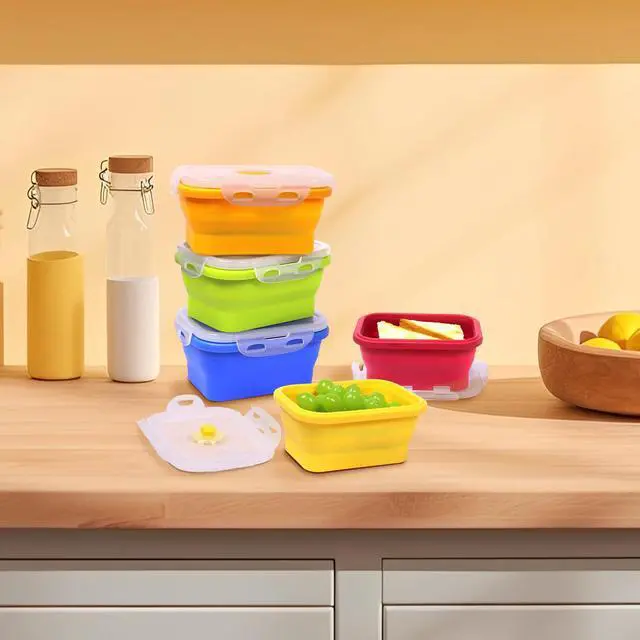Alt view image 2 of 7 - 5 Pack Collapsible Silicone Food Storage Containers with Leak-Resistant Lids, 12 oz Small Foldable Snack Box Bento Box, For Kitchen, Office, Camping, Travel, BPA Free