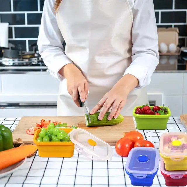 Alt view image 6 of 7 - 5 Pack Collapsible Silicone Food Storage Containers with Leak-Resistant Lids, 12 oz Small Foldable Snack Box Bento Box, For Kitchen, Office, Camping, Travel, BPA Free