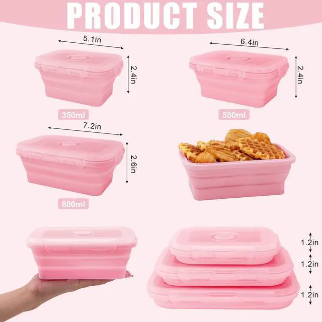 Alt view image 2 of 7 - Collapsible Silicone Food Storage Containers with Lids,Set of 3 Silicone Lunch Box Containers,Foldable Meal Prep Container for Kitchen,Microwave & Dishwasher & Freezer Safe,BPA Free