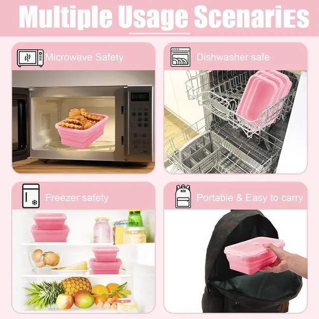 Alt view image 6 of 7 - Collapsible Silicone Food Storage Containers with Lids,Set of 3 Silicone Lunch Box Containers,Foldable Meal Prep Container for Kitchen,Microwave & Dishwasher & Freezer Safe,BPA Free