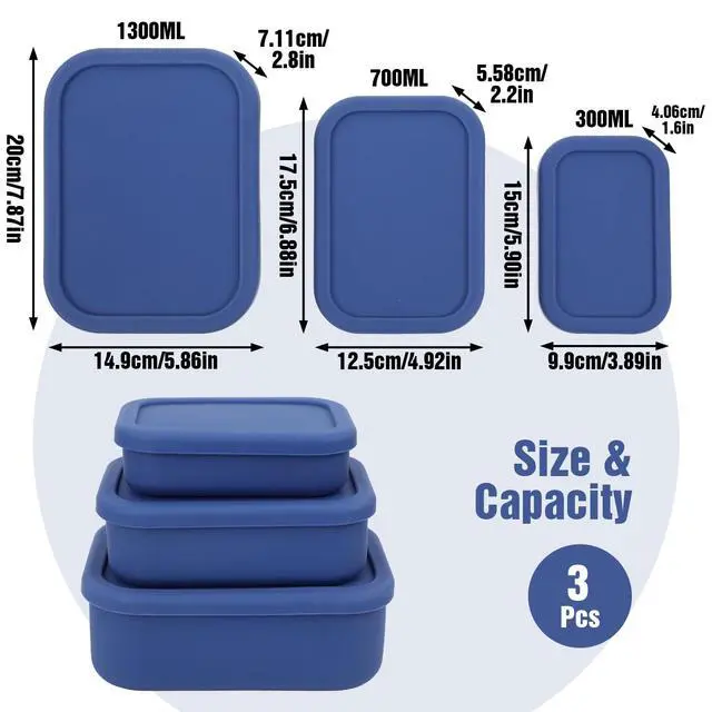 Alt view image 2 of 7 - 3-Pack Silicone Lunch Box Food Containers Storage Box Rectangular Bento with Lids Airtight Leak-Proof Microwave Dishwasher & Freezer Safe 10.2oz 23.6oz 44oz Dark Blue
