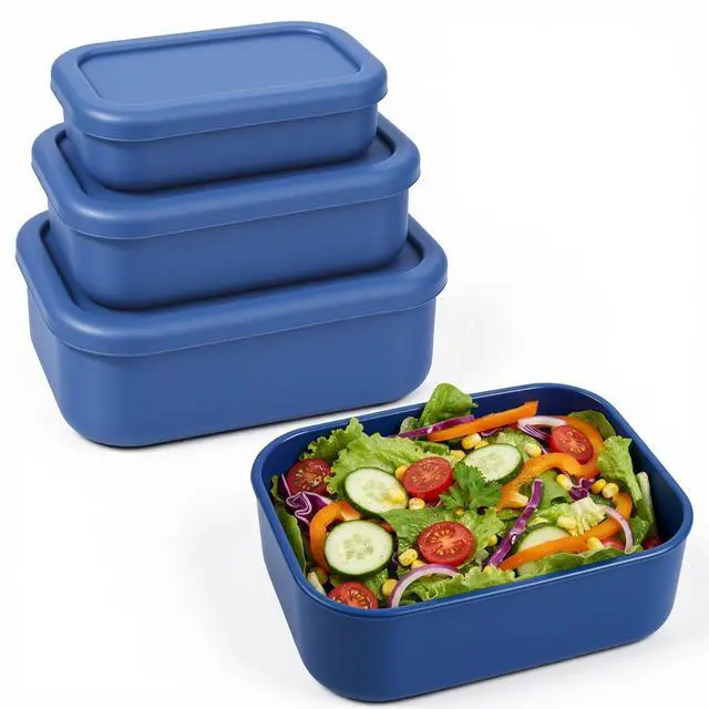 Main image of 3-Pack Silicone Lunch Box Food Containers Storage Box Rectangular Bento with Lids Airtight Leak-Proof Microwave Dishwasher & Freezer Safe 10.2oz 23.6oz 44oz Dark Blue