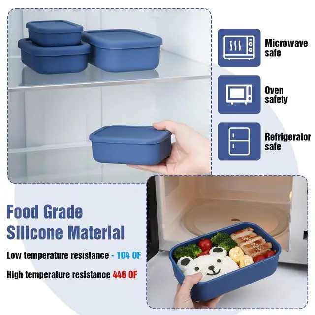 Alt view image 4 of 7 - 3-Pack Silicone Lunch Box Food Containers Storage Box Rectangular Bento with Lids Airtight Leak-Proof Microwave Dishwasher & Freezer Safe 10.2oz 23.6oz 44oz Dark Blue