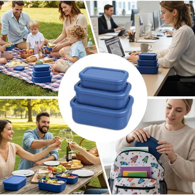 Alt view image 6 of 7 - 3-Pack Silicone Lunch Box Food Containers Storage Box Rectangular Bento with Lids Airtight Leak-Proof Microwave Dishwasher & Freezer Safe 10.2oz 23.6oz 44oz Dark Blue