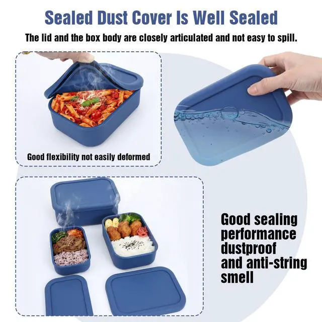Alt view image 5 of 7 - 3-Pack Silicone Lunch Box Food Containers Storage Box Rectangular Bento with Lids Airtight Leak-Proof Microwave Dishwasher & Freezer Safe 10.2oz 23.6oz 44oz Dark Blue