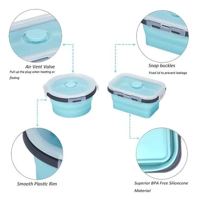 Alt view image 4 of 7 - Collapsible Silicone Food Storage Containers with Airtight Lids, Set of 4 Stacking Container, Microwave and Freezer and Dishwasher Safe, with Vent Valve, BPA Free (350ml and 500ml)
