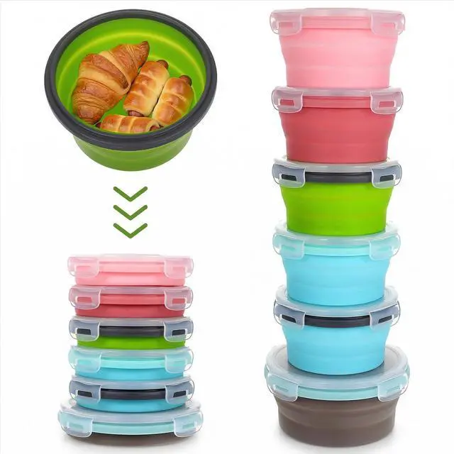 Main image of 6 Pcs Bowls with Lids Silicone Camping Food Storage Container Expandable Folding Salad Lunch Box Travel Container for Hiking Camping