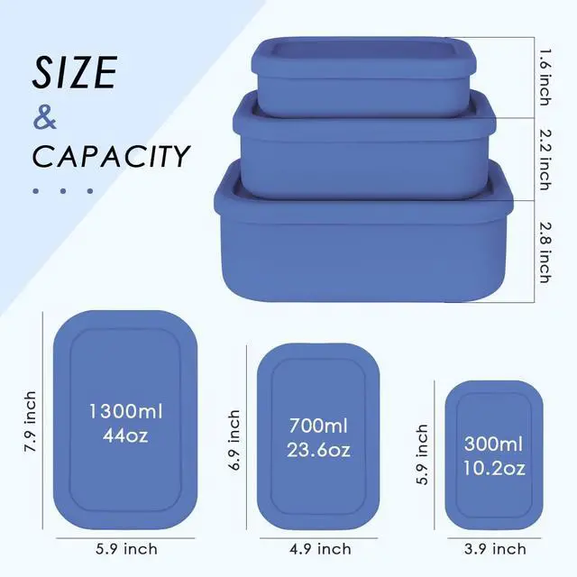 Alt view image 3 of 7 - Silicone Food Storage Containers with Lids, Set of 3 Hard-Shell Bento Lunch Boxes, Airtight & Leakproof, Reusable Meal Prep Containers for Kitchen, Work, School, Travel (10oz, 23.6oz, 44oz)