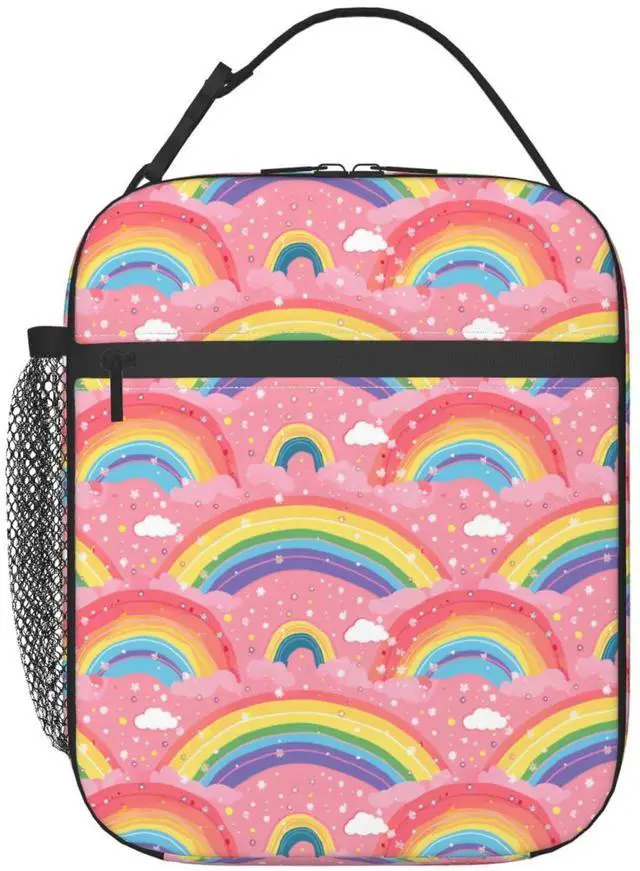 Main image of Colorful Rainbow Insulated Lunch Box, Reusable Thermal Lunchbox with Whimsical Cloud on Pink, Portable Handbags for Office, Beach, Camping, Road Trip, Hiking, Gifts for Girls Women
