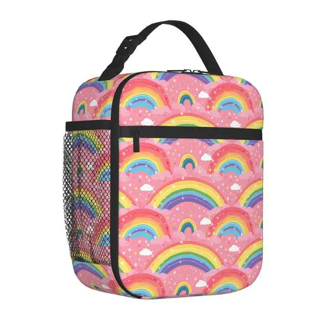 Alt view image 2 of 7 - Colorful Rainbow Insulated Lunch Box, Reusable Thermal Lunchbox with Whimsical Cloud on Pink, Portable Handbags for Office, Beach, Camping, Road Trip, Hiking, Gifts for Girls Women