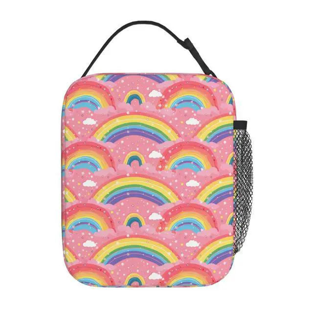 Alt view image 3 of 7 - Colorful Rainbow Insulated Lunch Box, Reusable Thermal Lunchbox with Whimsical Cloud on Pink, Portable Handbags for Office, Beach, Camping, Road Trip, Hiking, Gifts for Girls Women